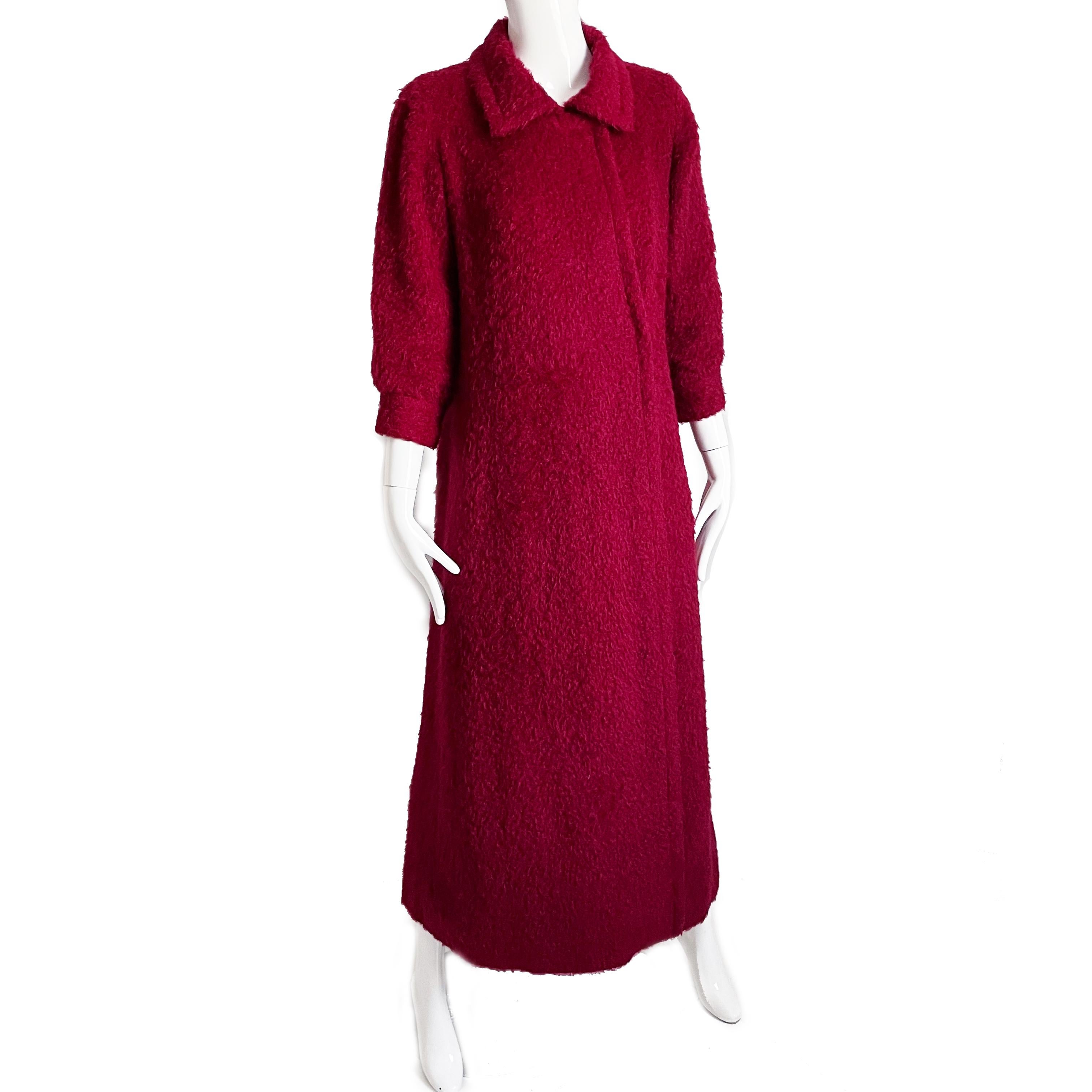 Yves Saint Laurent Long Coat Boucle Knit Cranberry Wool Vintage 60s Numbered  In Fair Condition In Port Saint Lucie, FL
