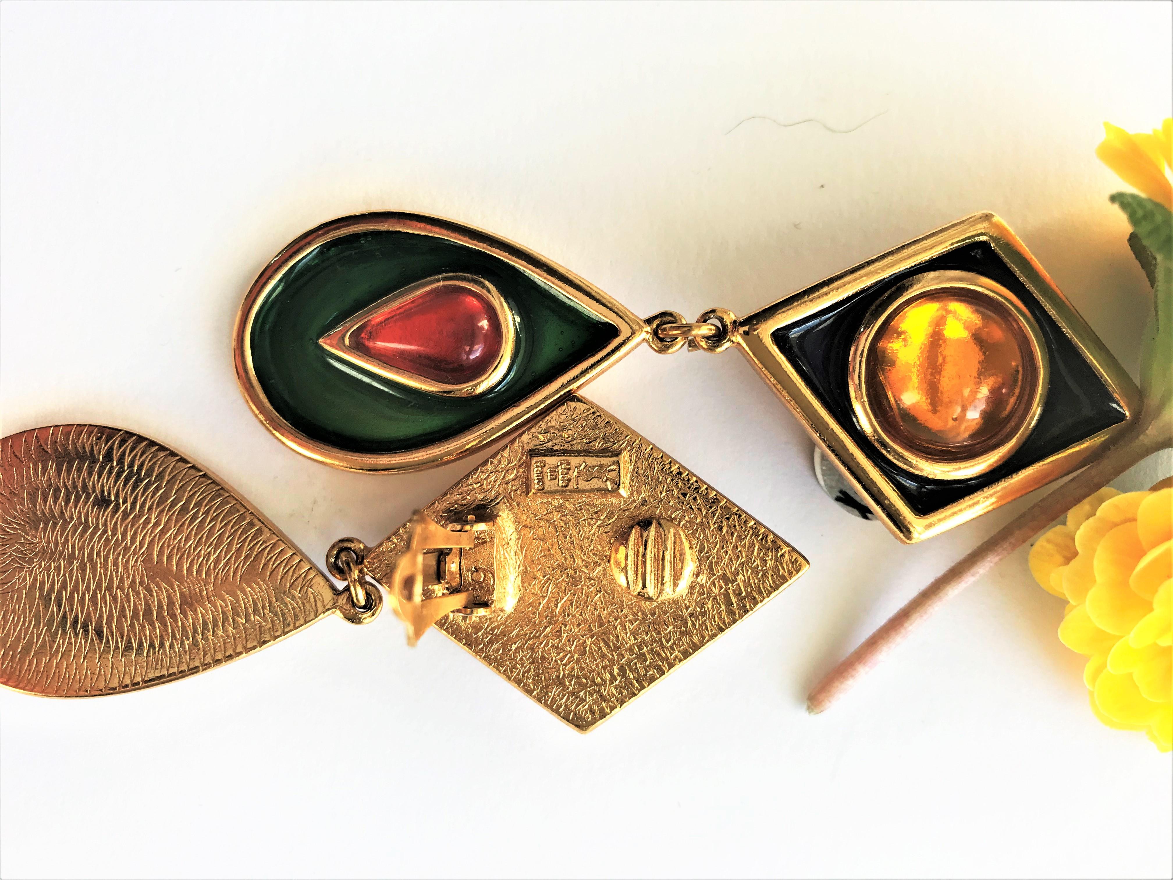 Women's Yves Saint Laurent long ear clips gold plated  1980s, green enameled, glass ston For Sale