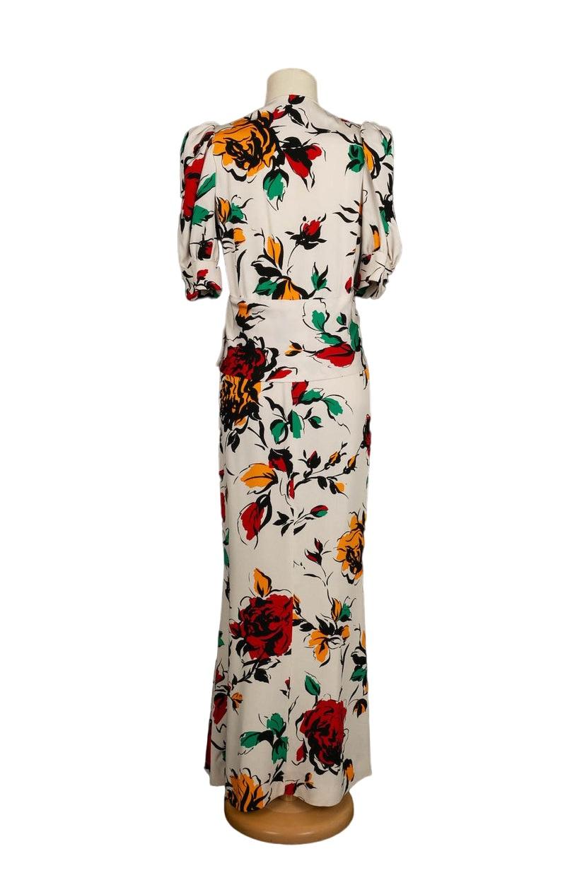 Beige Yves Saint Laurent Long Flower Printed Silk Haute Couture Dress For Sale