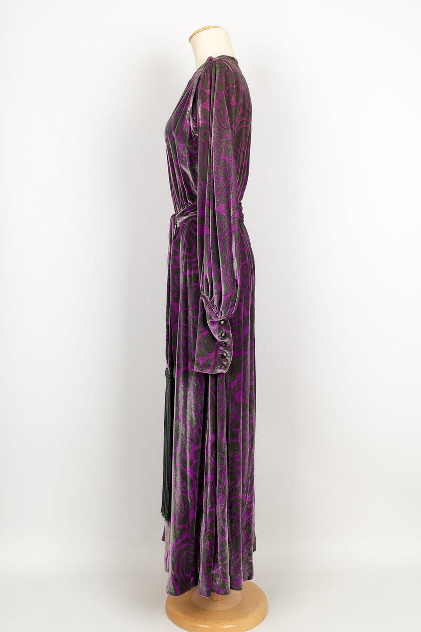 Yves Saint Laurent Long Purple and Gray Silk Velvet Haute Couture Dress In Excellent Condition For Sale In SAINT-OUEN-SUR-SEINE, FR