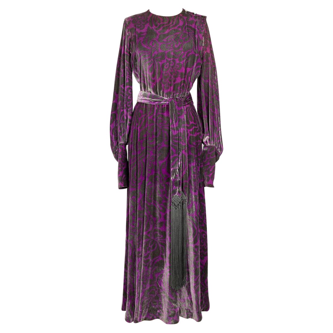 Yves Saint Laurent Abito lungo in velluto di seta viola e grigio Haute Couture