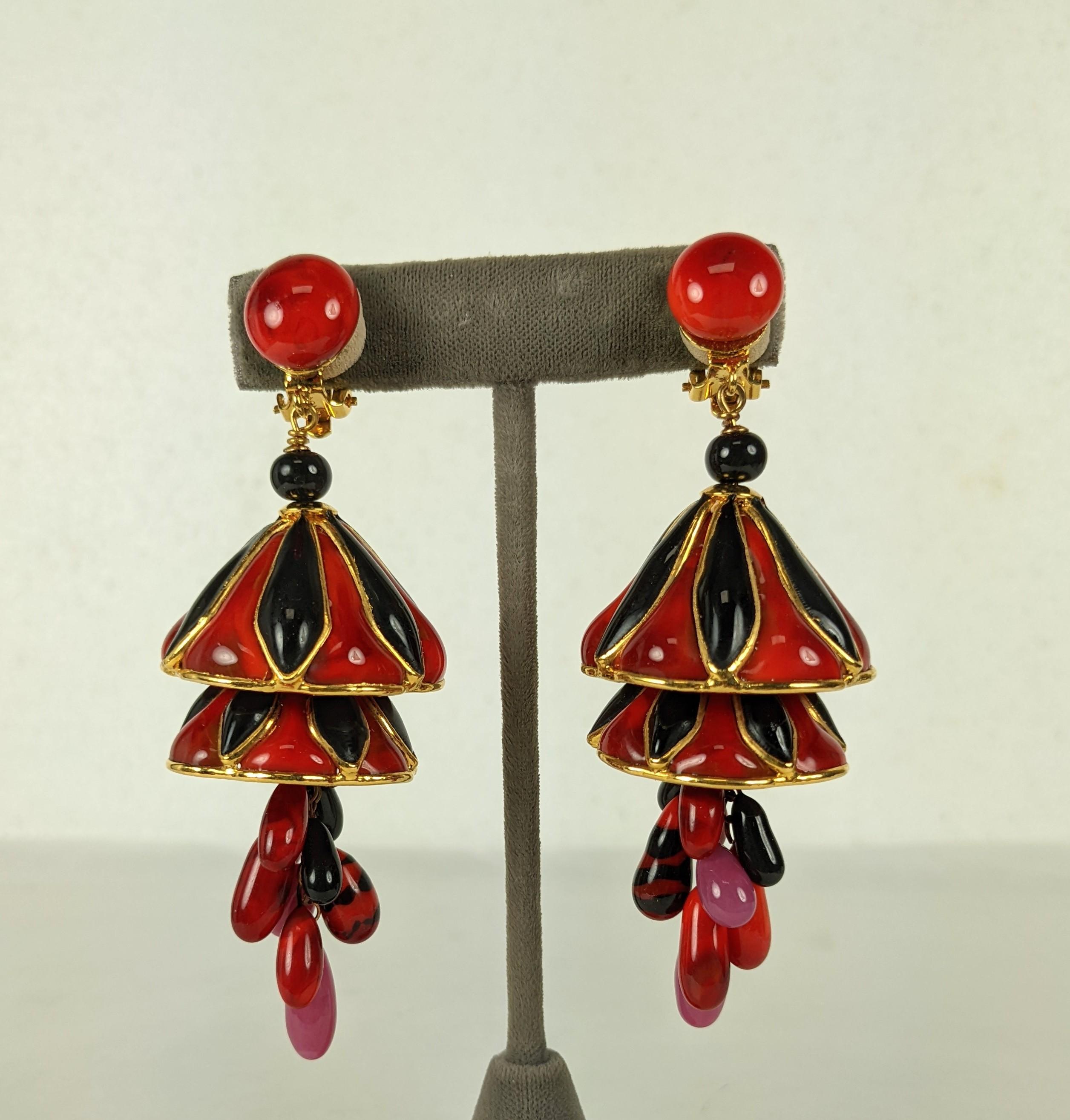 Rare Maison Gripoix for Yves Saint Laurent from Fall/Winter 1977 Chinese Collection earclips. The hand made long double lotus blossoms of deep coral and black Gripoix Glass poured enamel. Enhanced with a cluster of tonal teardrop glass stamens.