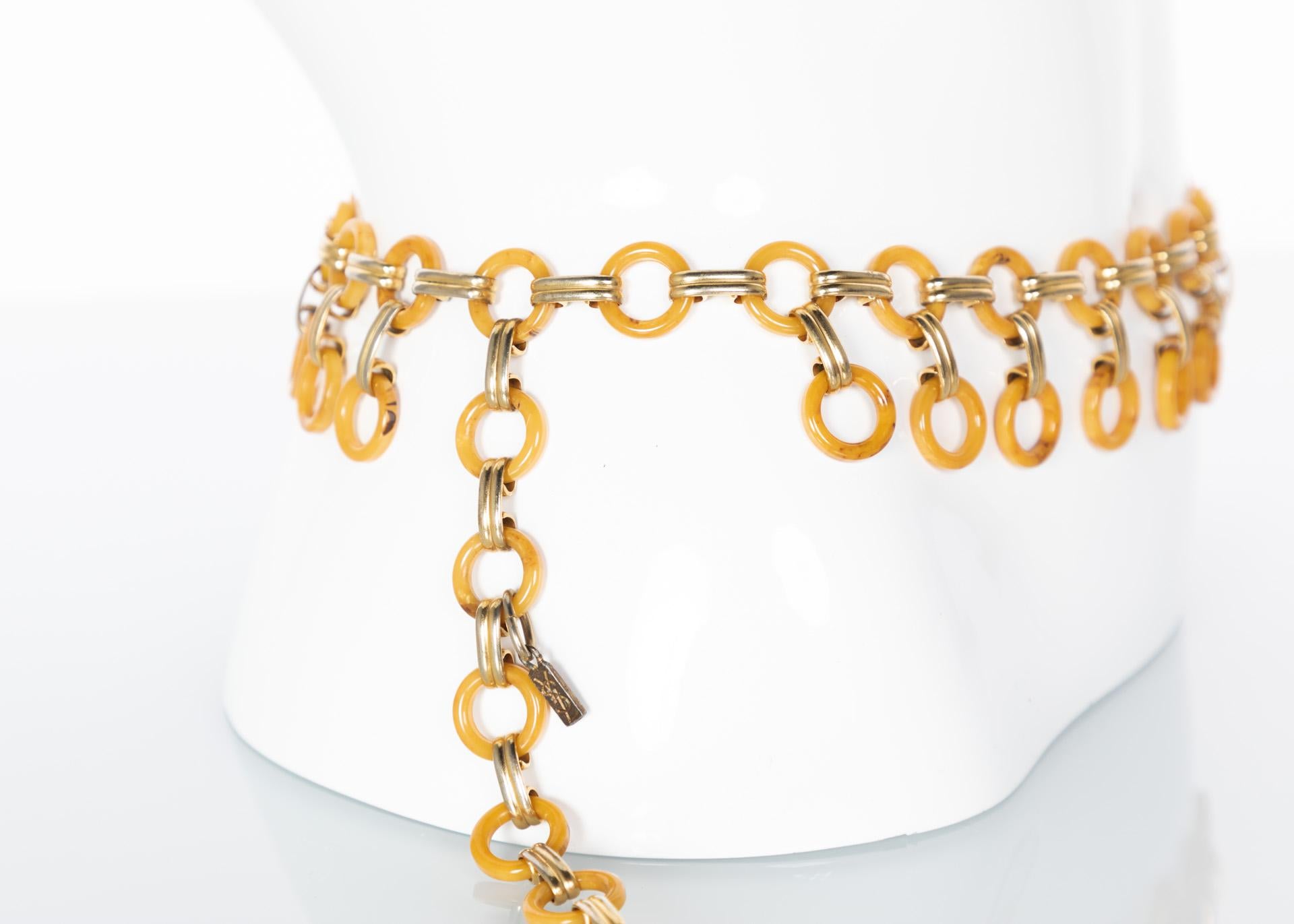 Men's Yves Saint Laurent Marbled Yellow Bakelite Gold Link Belt Necklace, 1970s