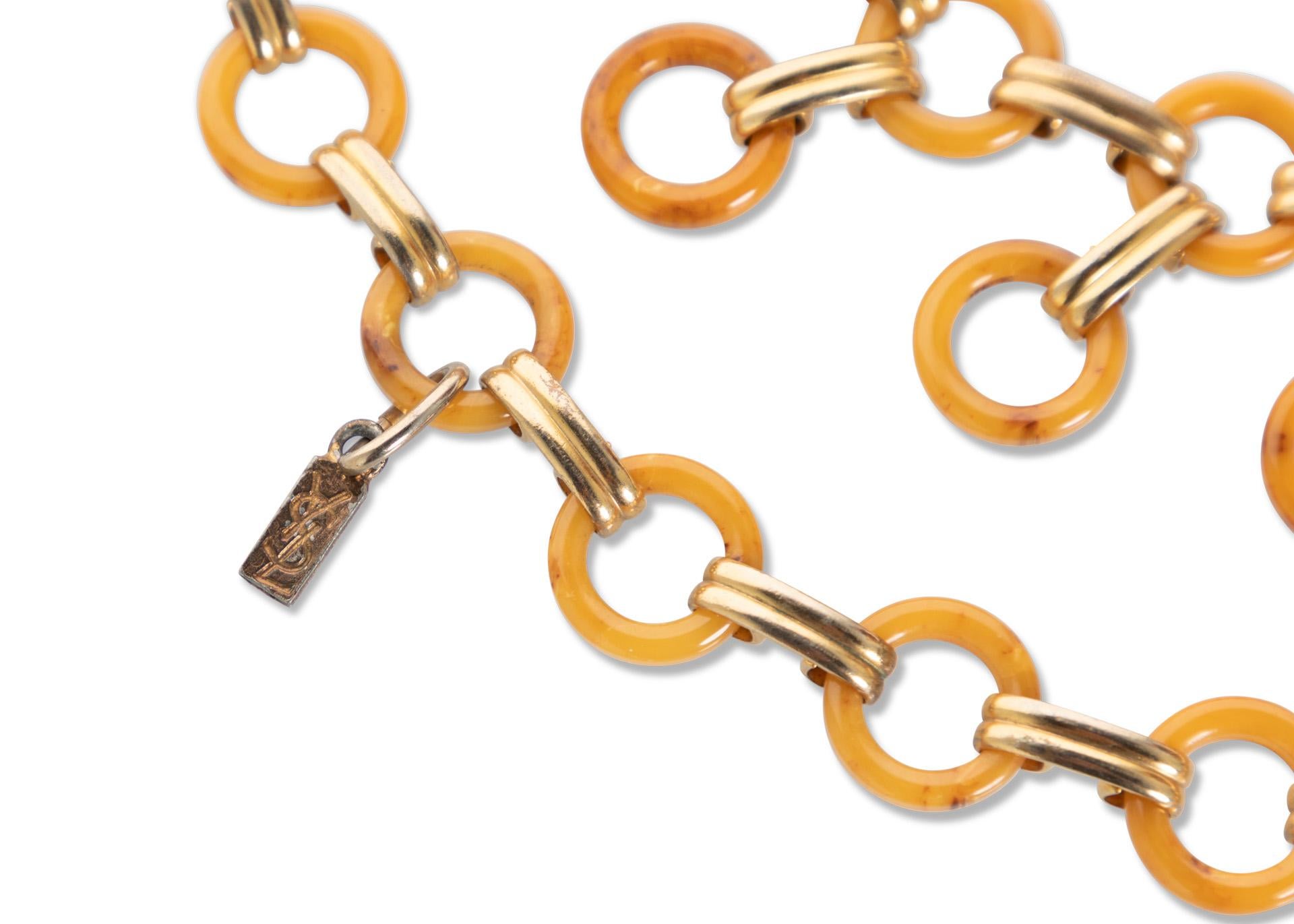 Yves Saint Laurent Marbled Yellow Bakelite Gold Link Belt Necklace, 1970s 1