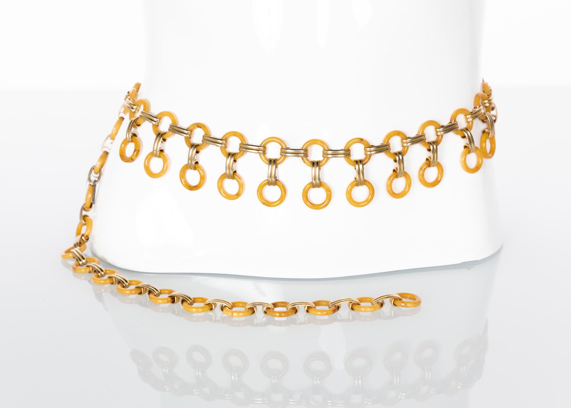 Art Deco Yves Saint Laurent Marbled Yellow Bakelite Gold Link Necklace Belt , 1970s