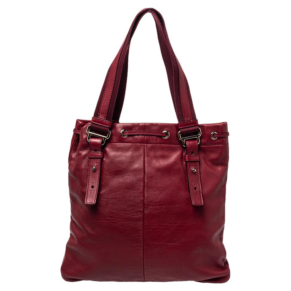 Brown Yves Saint Laurent Maroon Leather Small Kahala Drawstring Tote