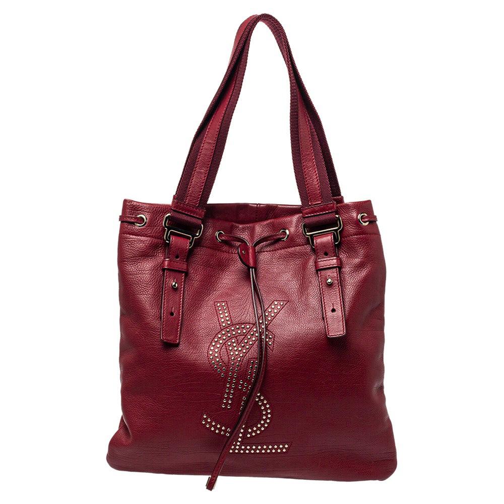 Yves Saint Laurent Maroon Leather Small Kahala Drawstring Tote