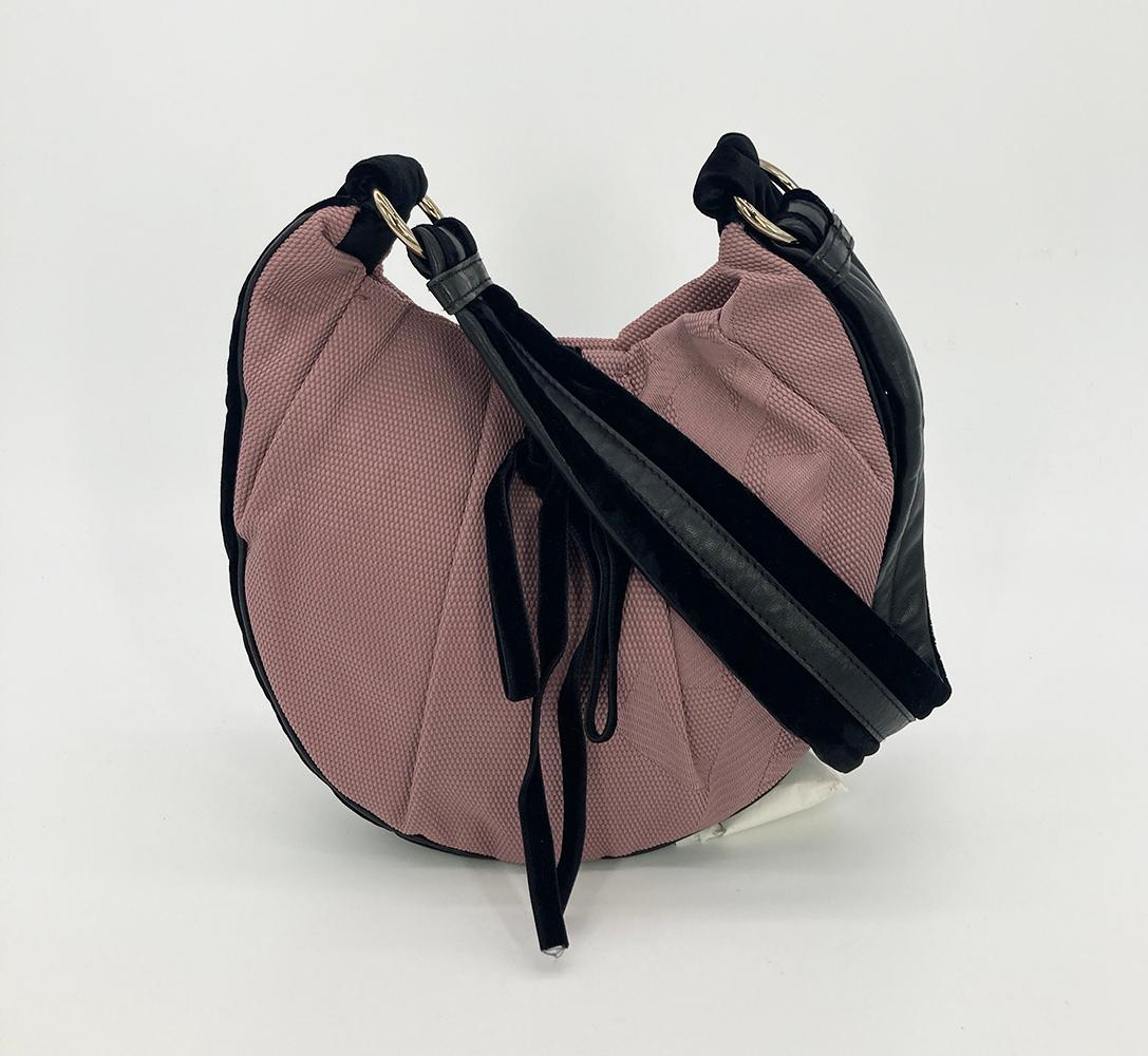 Yves Saint Laurent Mauve Canvas Rive Gauche Shoulder Bag in excellent condition. Mauve woven canvas with pleated design trimmed with black velvet, leather and silver hardware. Top snap closure opens to a black satin interior with one side zip