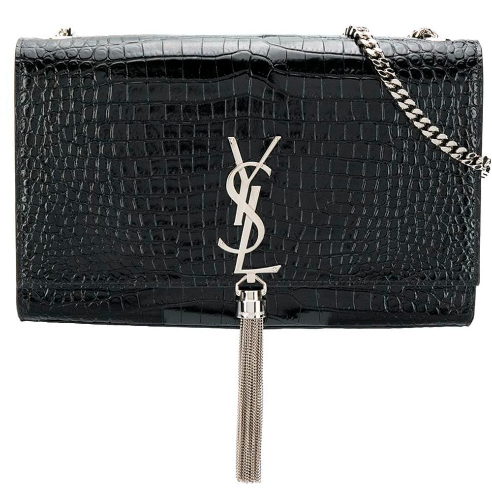 Expertly crafted from Black Embossed Leather, this Yves Saint Laurent Medium Kate Shoulder Bag is adorned with a gourmette chain, metal interlocking YSL and a metallic tassel.

This bag comes with its original Yves Saint Laurent dust bag and