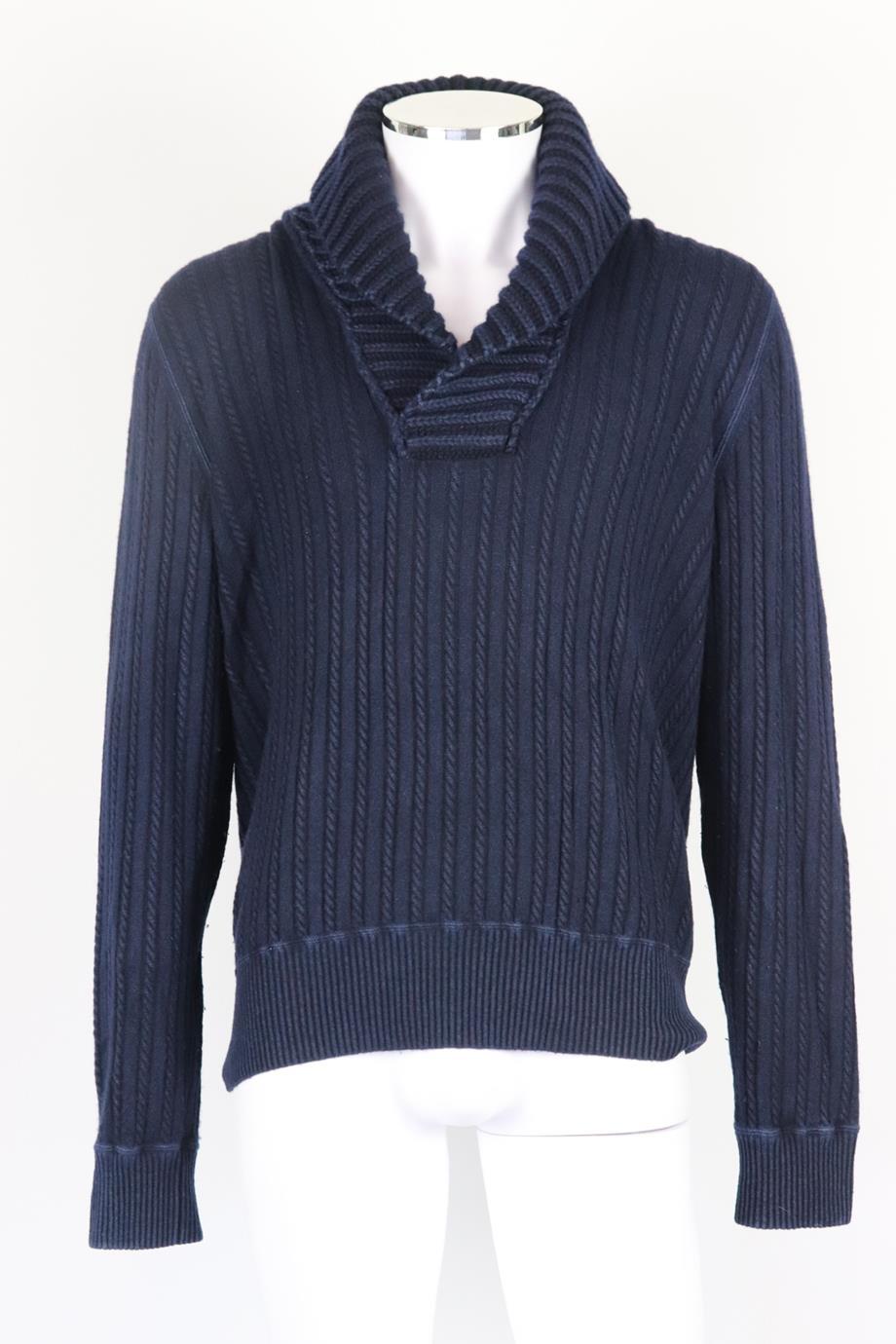 Yves Saint Laurent men's cable knit cashmere sweater. Navy. Long sleeve, v-neck. Pull on.100% Cashmere. Size: XLarge (UK/US Chest 42, IT 52). Chest: 44 in. Waist: 42 in. Hips: 40 in. Length: 26 in. Very good condition - Small pull at front. Light