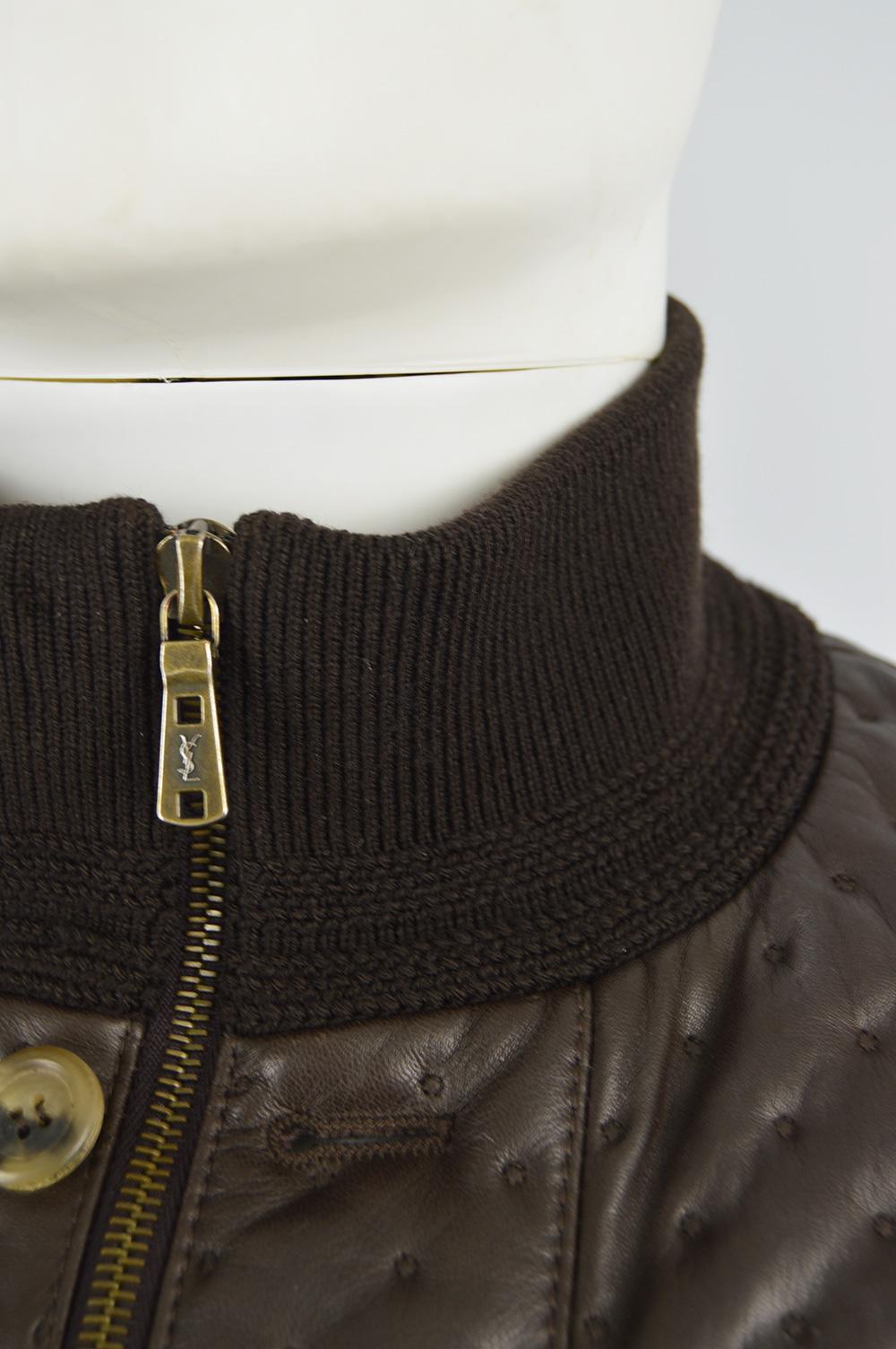 Black Yves Saint Laurent Men's Chocolate Brown Matelassé Leather Bomber Jacket