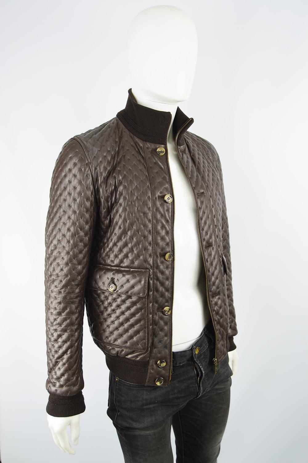 Yves Saint Laurent Men's Chocolate Brown Matelassé Leather Bomber Jacket In Excellent Condition In Doncaster, South Yorkshire