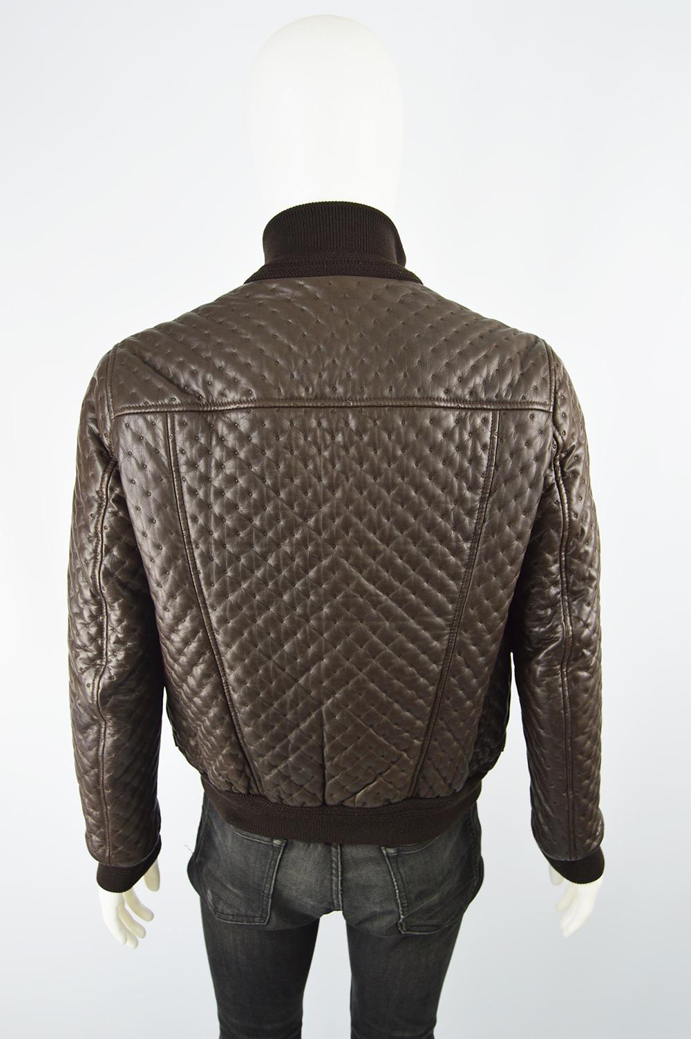 Yves Saint Laurent Men's Chocolate Brown Matelassé Leather Bomber Jacket 2