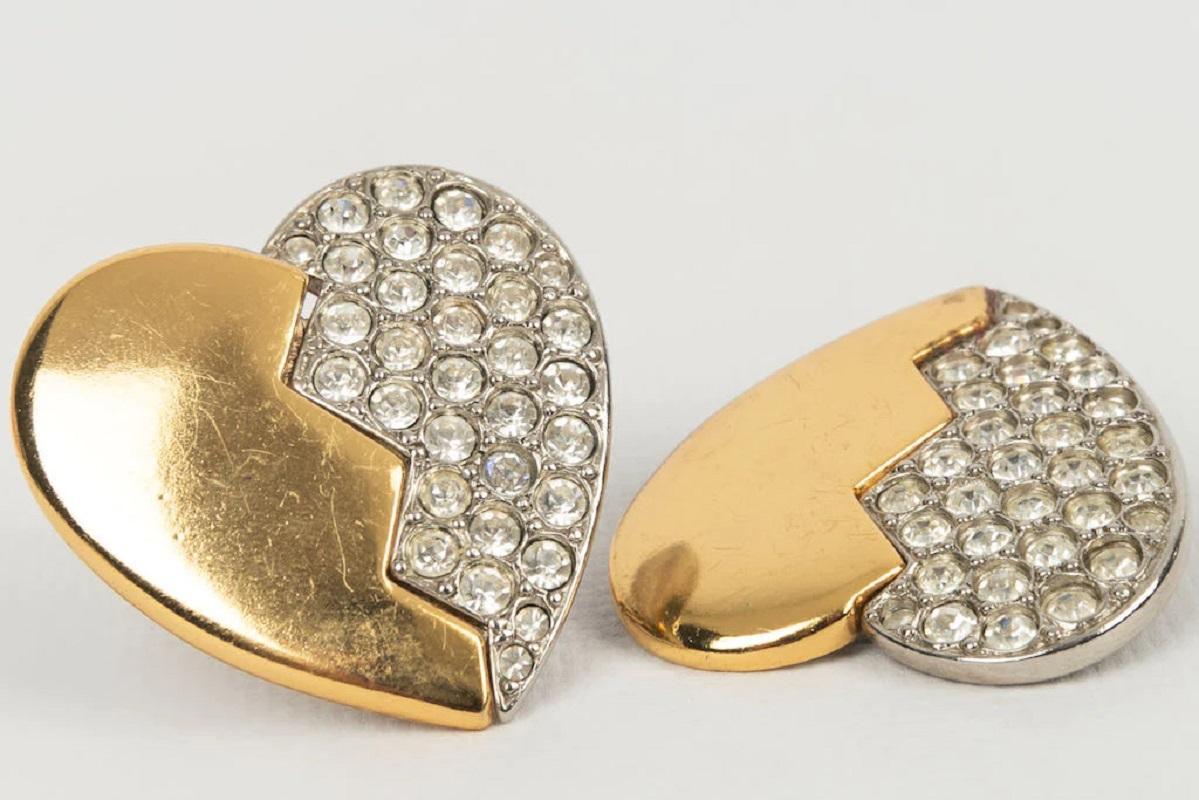 Women's Yves Saint Laurent Metal and Rhinestone Heart Earrings For Sale