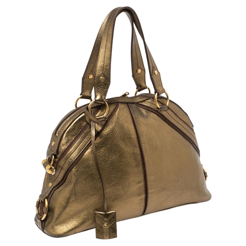 Yves Saint Laurent Metallic Bronze Leather and Suede Dome Satchel In Fair Condition In Dubai, Al Qouz 2