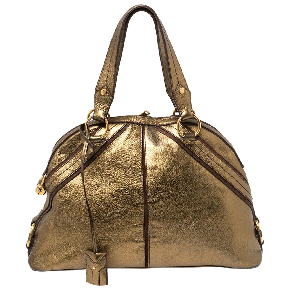 Yves Saint Laurent Metallic Bronze Leather and Suede Dome Satchel