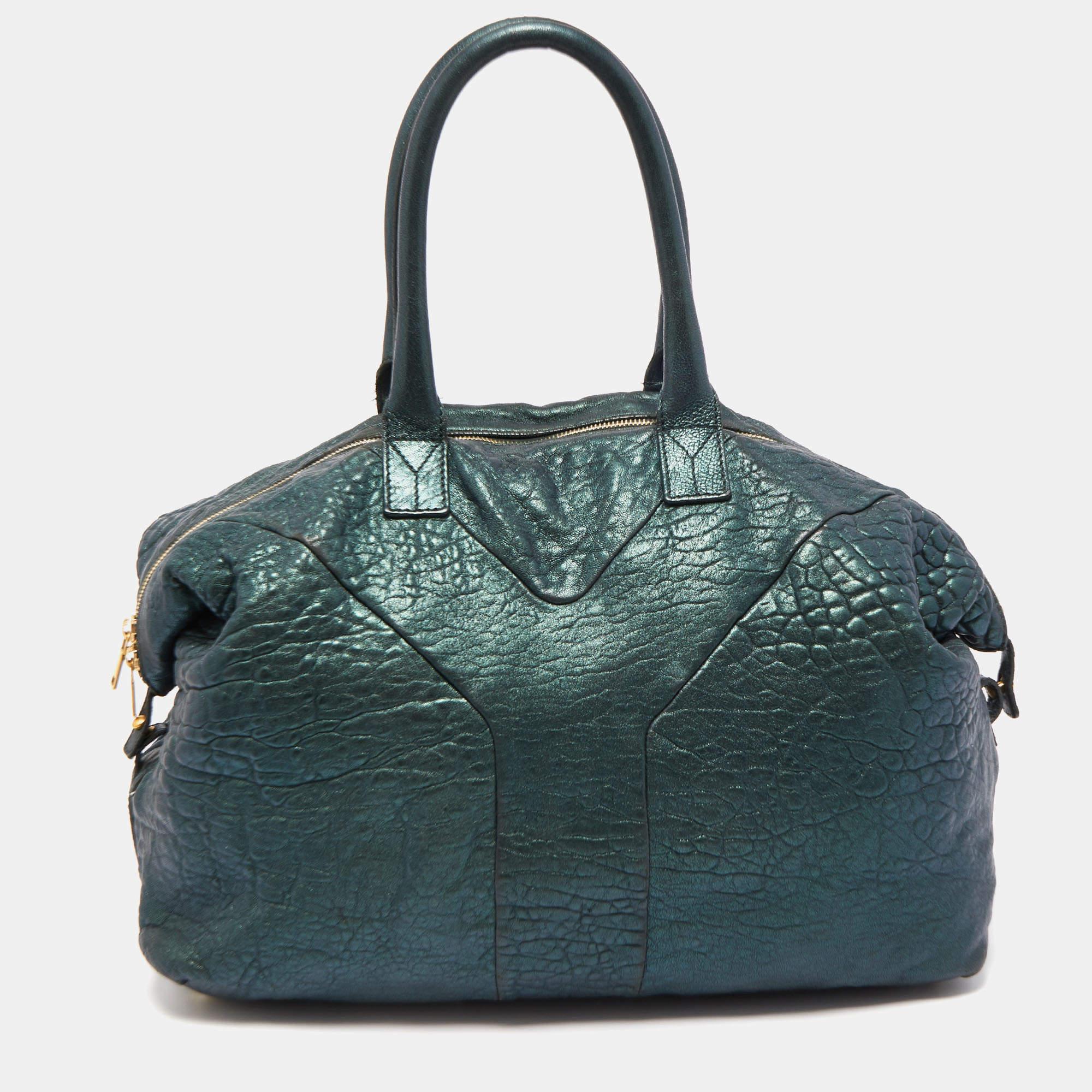 Yves Saint Laurent Metallic Green Leather Medium Easy Y Bag In Fair Condition In Dubai, Al Qouz 2