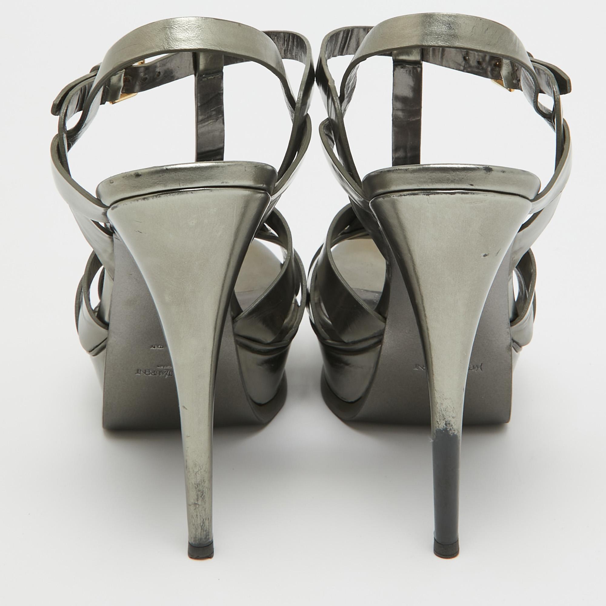 Women's Yves Saint Laurent Metallic Grey Leather Tribute Sandals Size 39