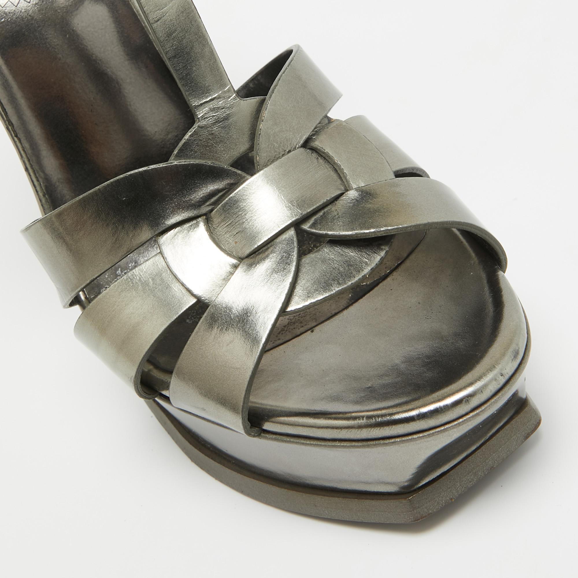 Yves Saint Laurent Metallic Grey Leather Tribute Sandals Size 39 2