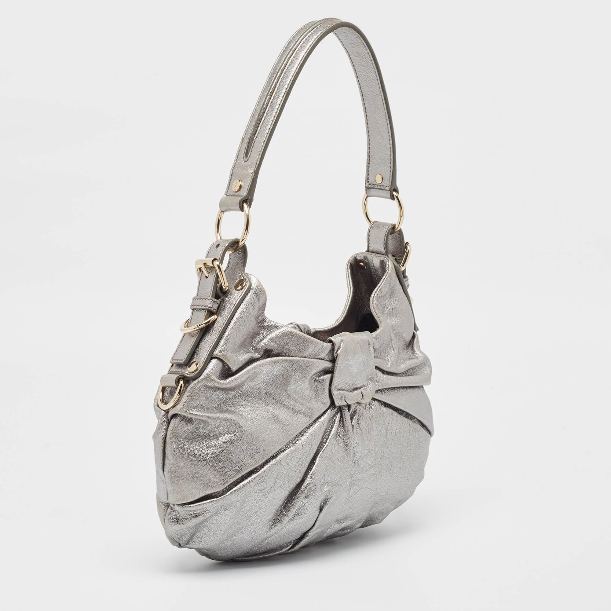 Gray Yves Saint Laurent Metallic Leather Pleated Bow Hobo For Sale