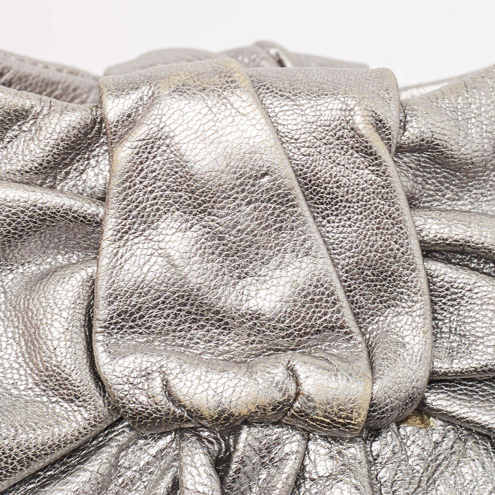 Yves Saint Laurent Metallic Leather Pleated Bow Hobo In Good Condition For Sale In Dubai, Al Qouz 2