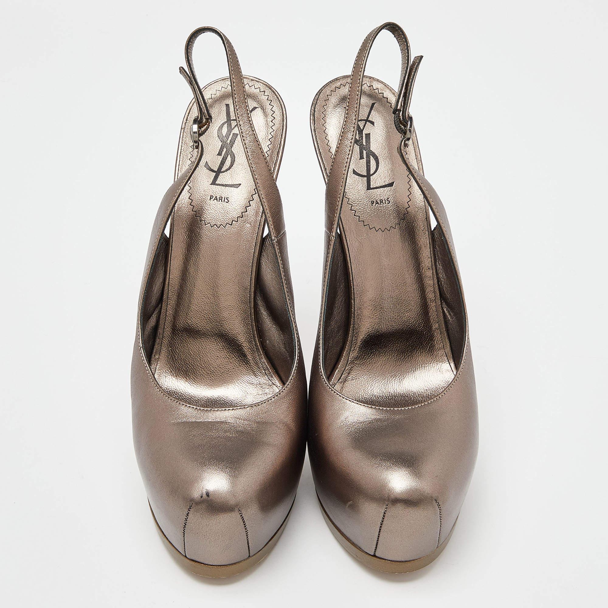 Brown Yves Saint Laurent Metallic Leather Tribtoo Slingback Sandals Size 40 For Sale
