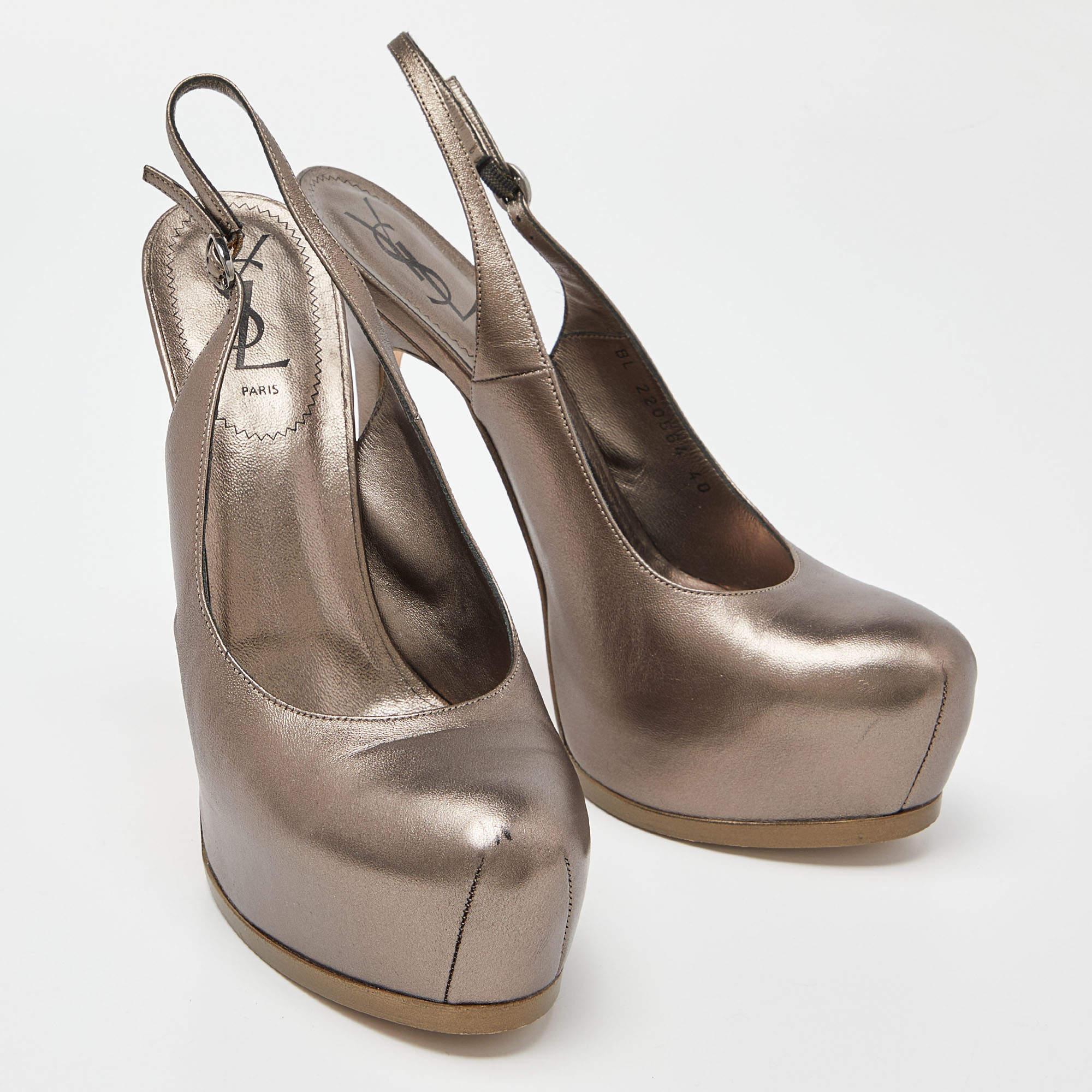 Yves Saint Laurent Metallic Leather Tribtoo Slingback Sandals Size 40 In Good Condition For Sale In Dubai, Al Qouz 2