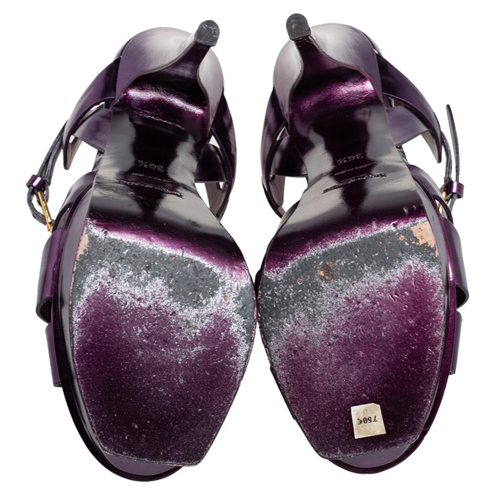 Black Yves Saint Laurent Metallic Purple Leather Tribute Platform Sandals Size 36.5