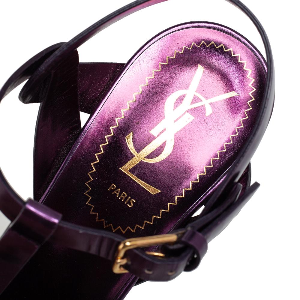 Yves Saint Laurent Metallic Purple Leather Tribute Platform Sandals Size 36.5 In Good Condition In Dubai, Al Qouz 2