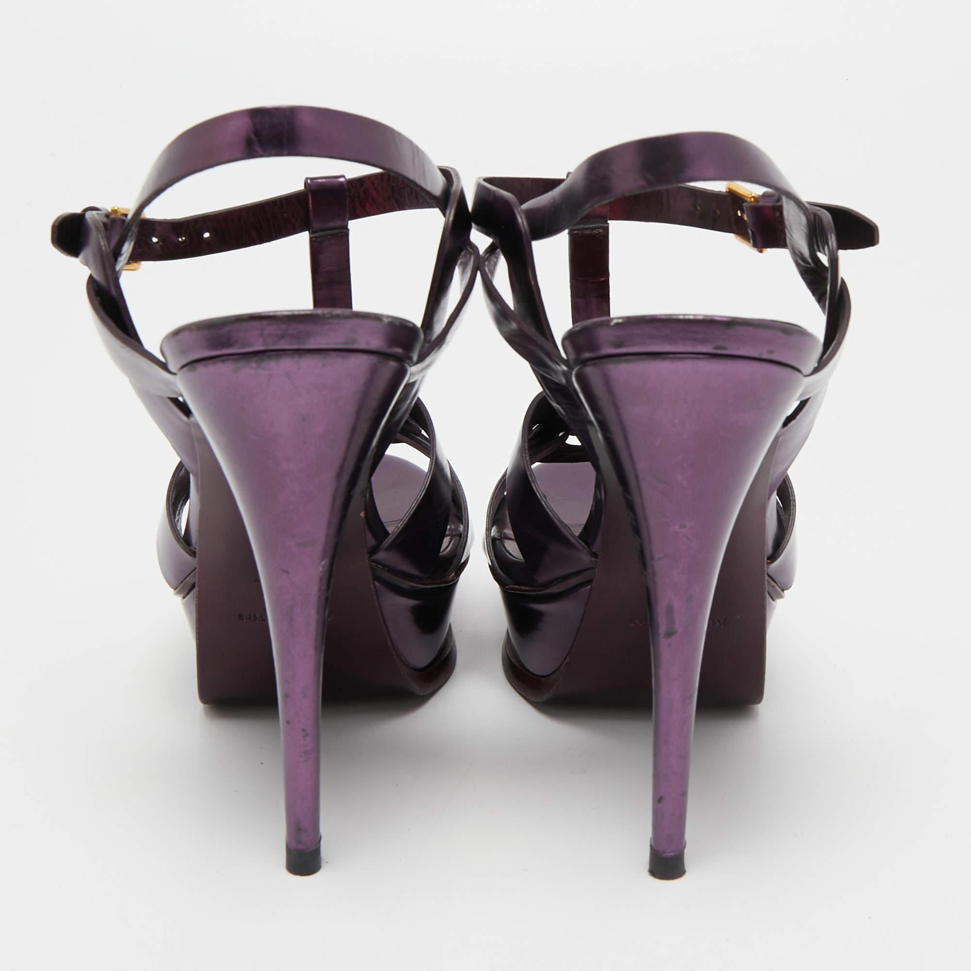 Yves Saint Laurent Metallic Purple Leather Tribute Sandals Size 38.5 In Good Condition In Dubai, Al Qouz 2