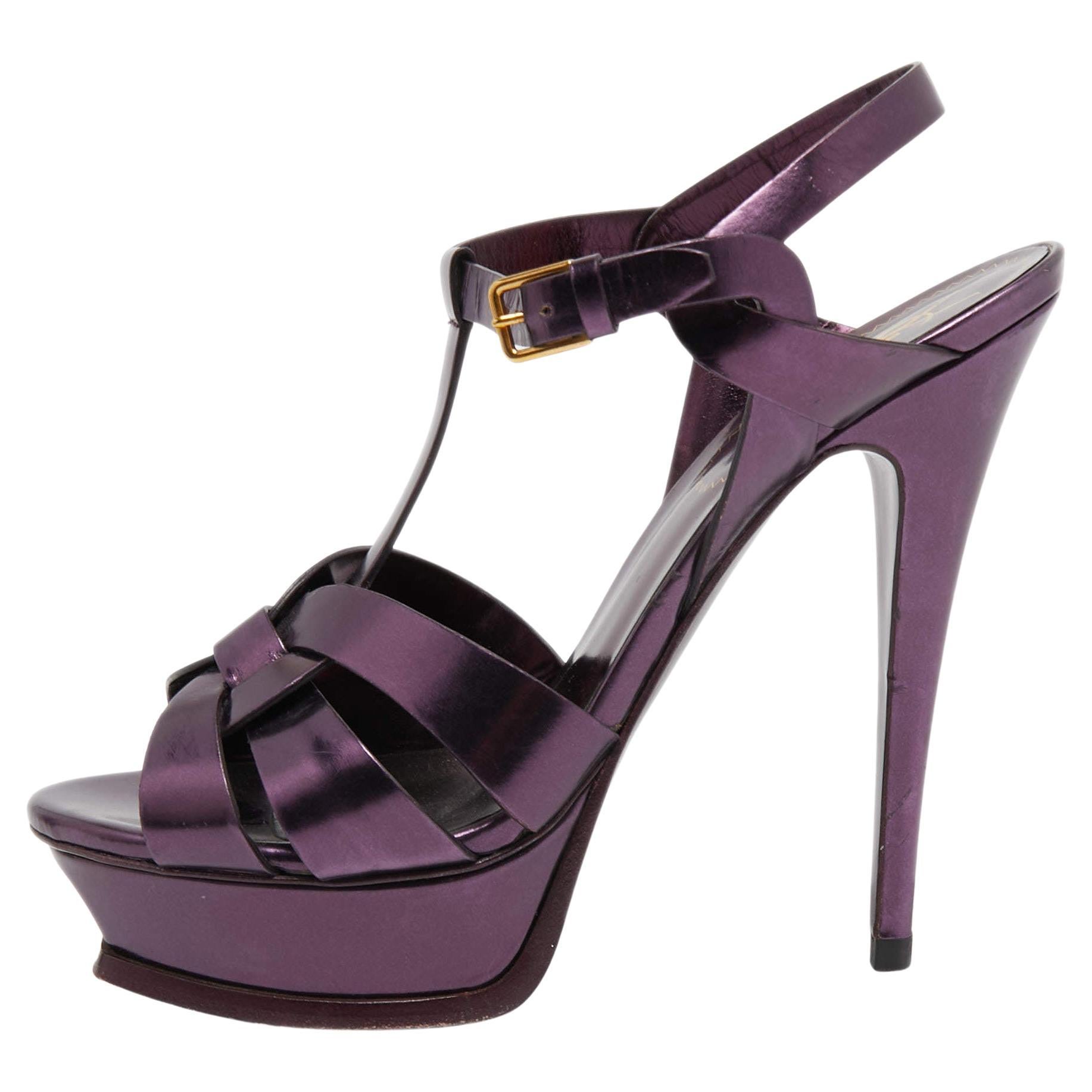 Yves Saint Laurent Metallic Purple Leather Tribute Sandals Size 38.5