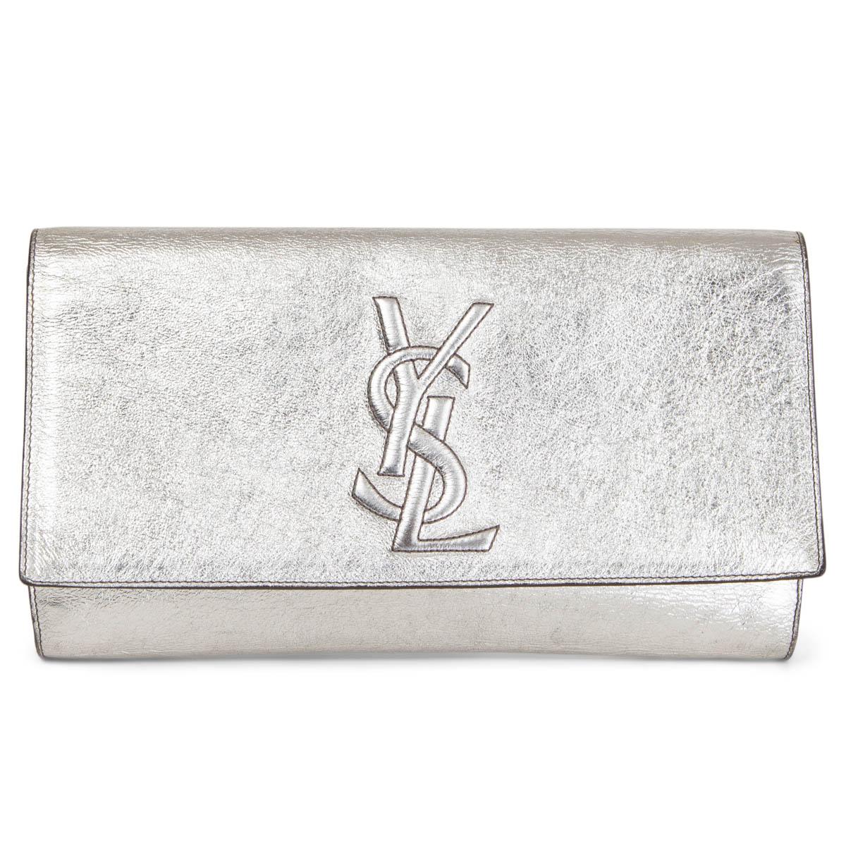 100% authentic Yves Saint Laurent 'Belle de Jour Large' clutch in metallic silver-tone calfskin featuring YSL logo stitching at front. Open with a magnetic button under the flap and is lined in black satin. Has been carried and is in excellent