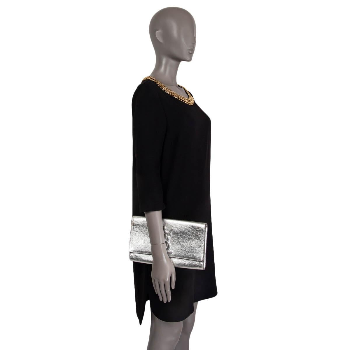 Women's YVES SAINT LAURENT metallic silver leather BELLE DE JOUR LARGE Clutch Bag