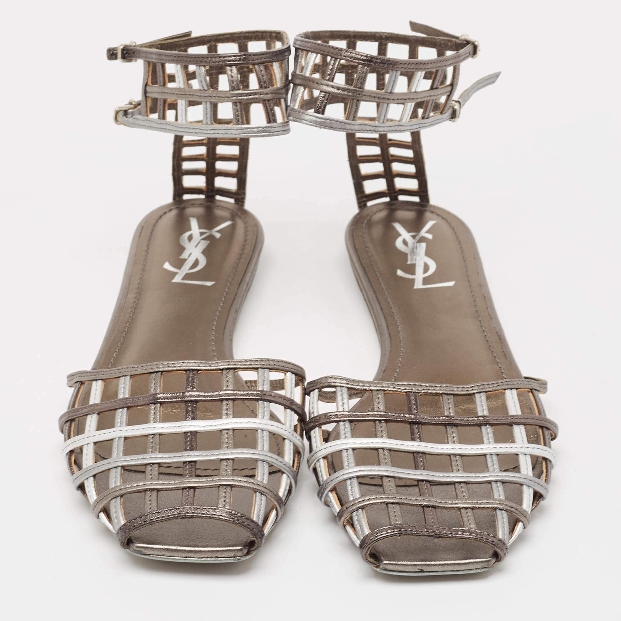 Gray Yves Saint Laurent Metallic Tricolor Leather Caged Ankle Strap Flats Size 40