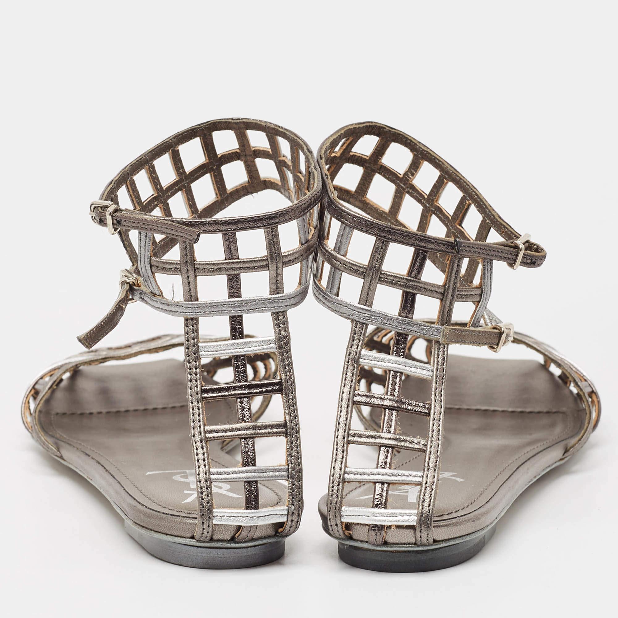 Women's Yves Saint Laurent Metallic Tricolor Leather Caged Ankle Strap Flats Size 40