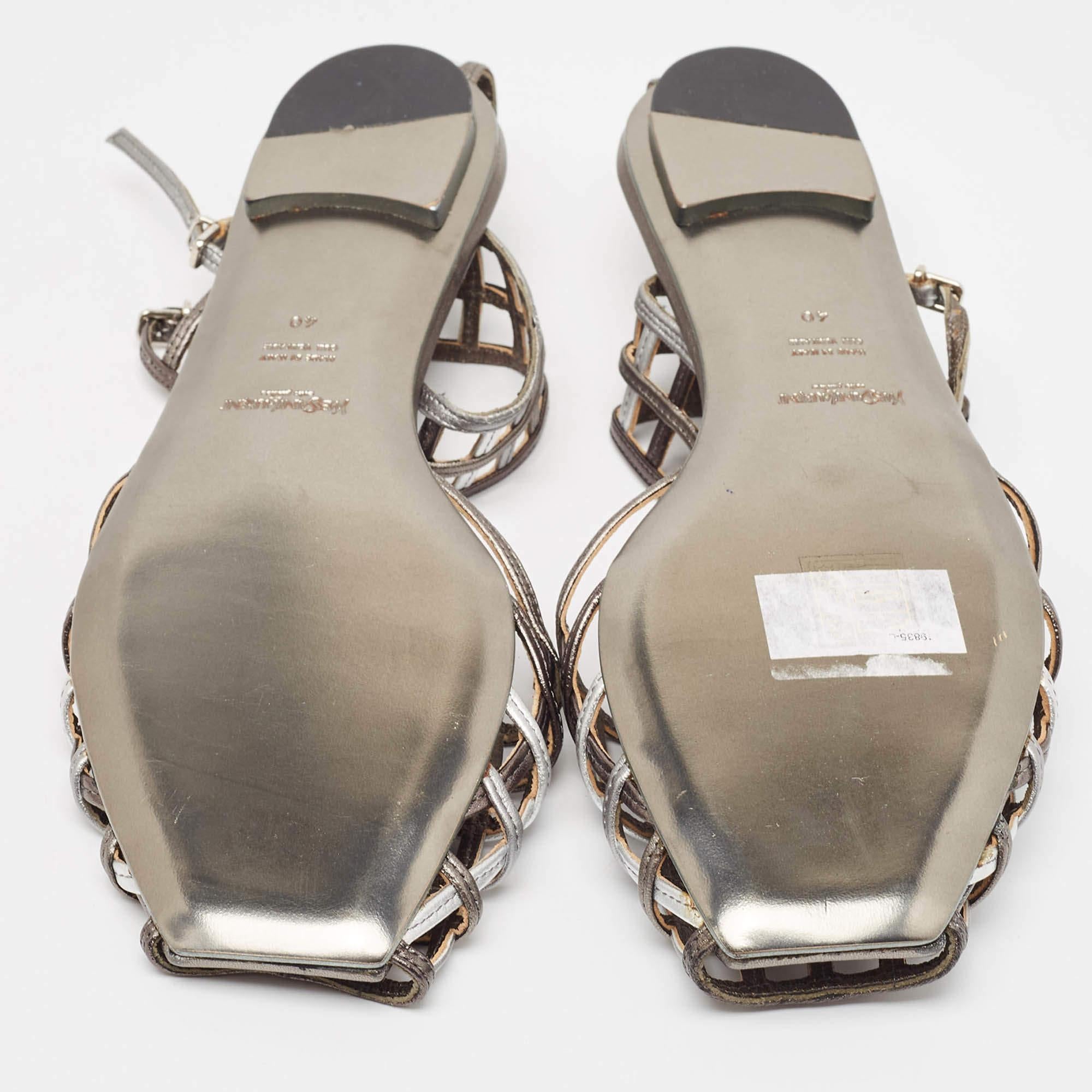 Yves Saint Laurent Metallic Tricolor Leather Caged Ankle Strap Flats Size 40 1
