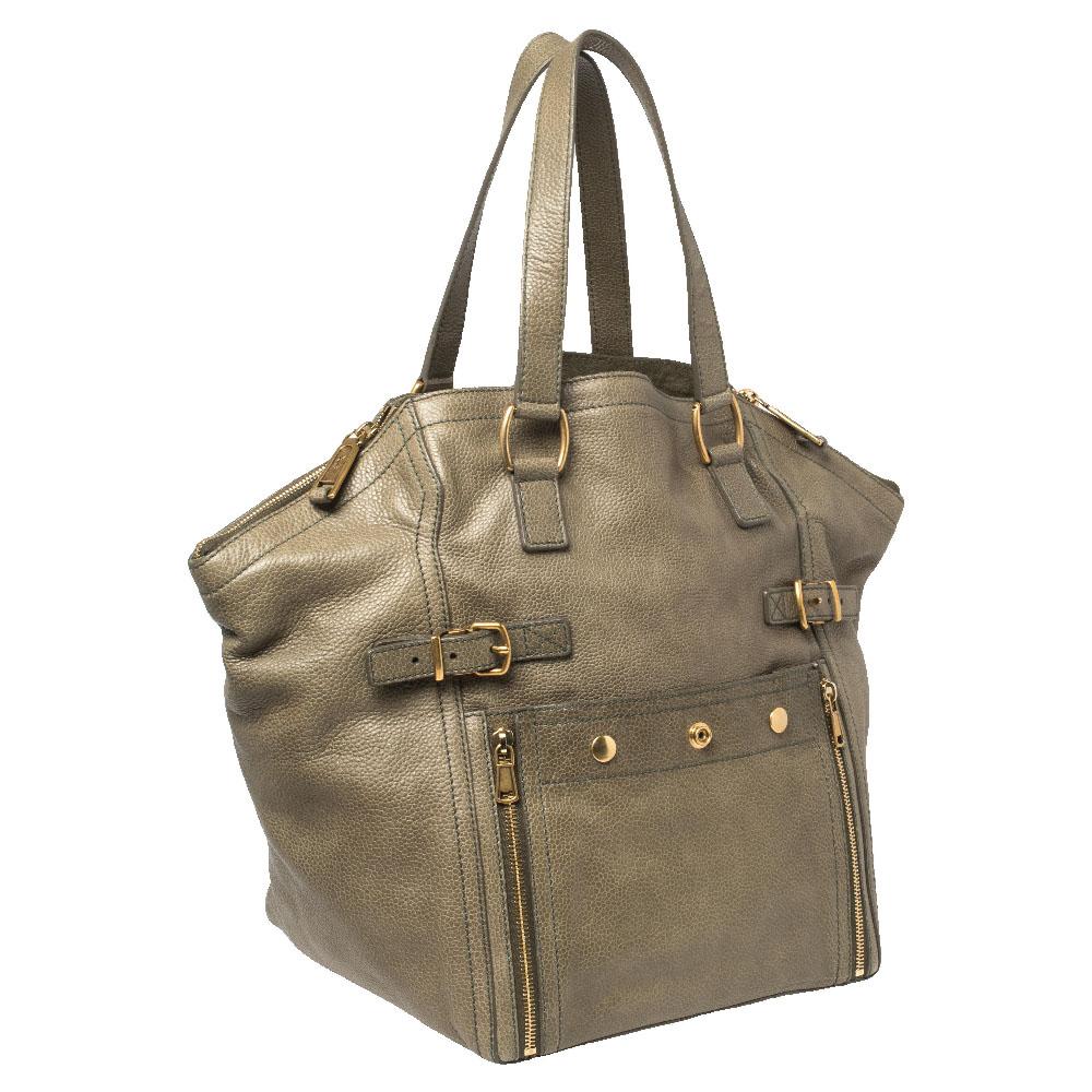 Brown Yves Saint Laurent Military Green Leather Large Downtown Tote