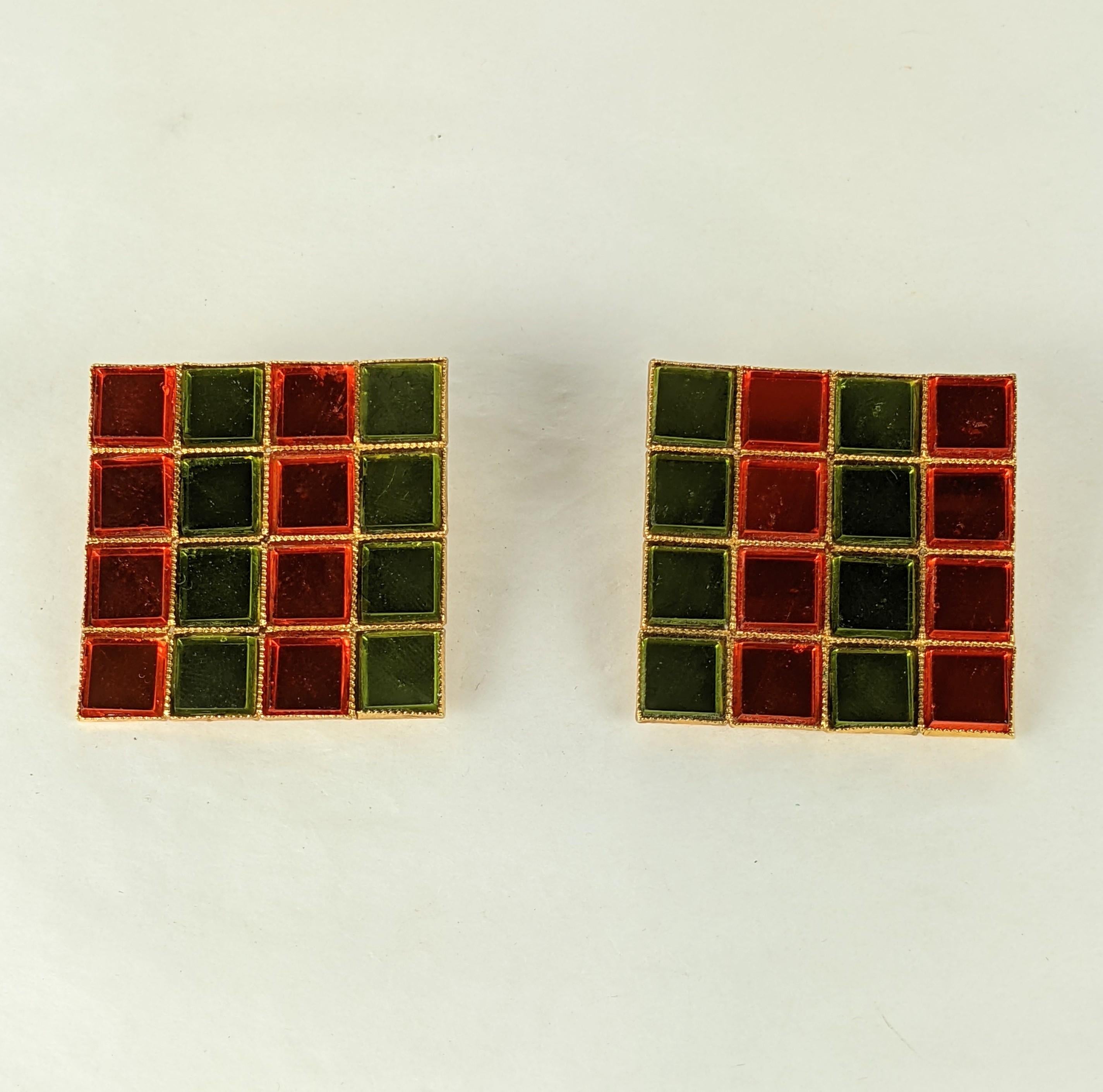 Yves Saint Laurent Mirror Tile Ear Clips In Excellent Condition For Sale In New York, NY