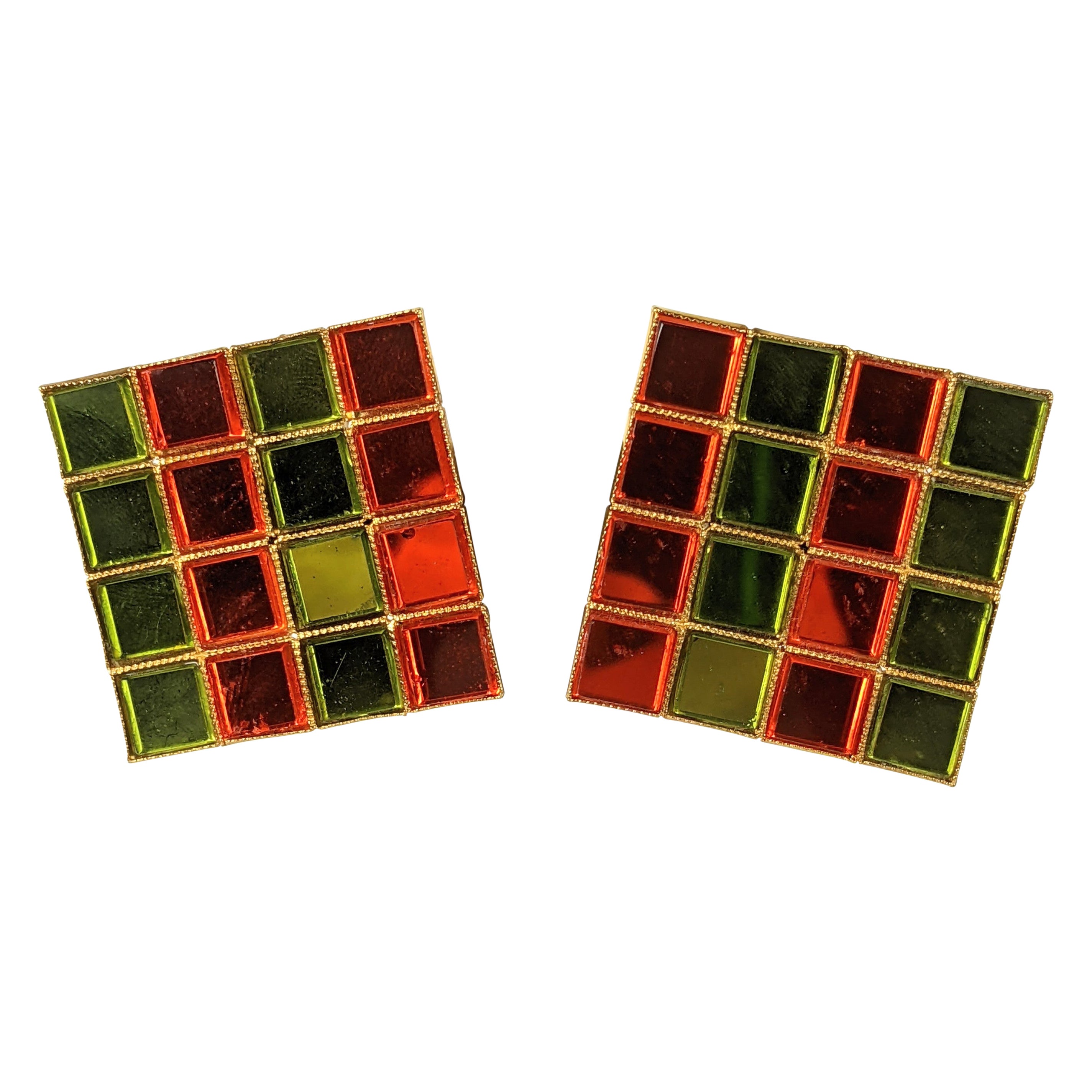 Clips d'oreilles miroir en carreaux Yves Saint Laurent en vente