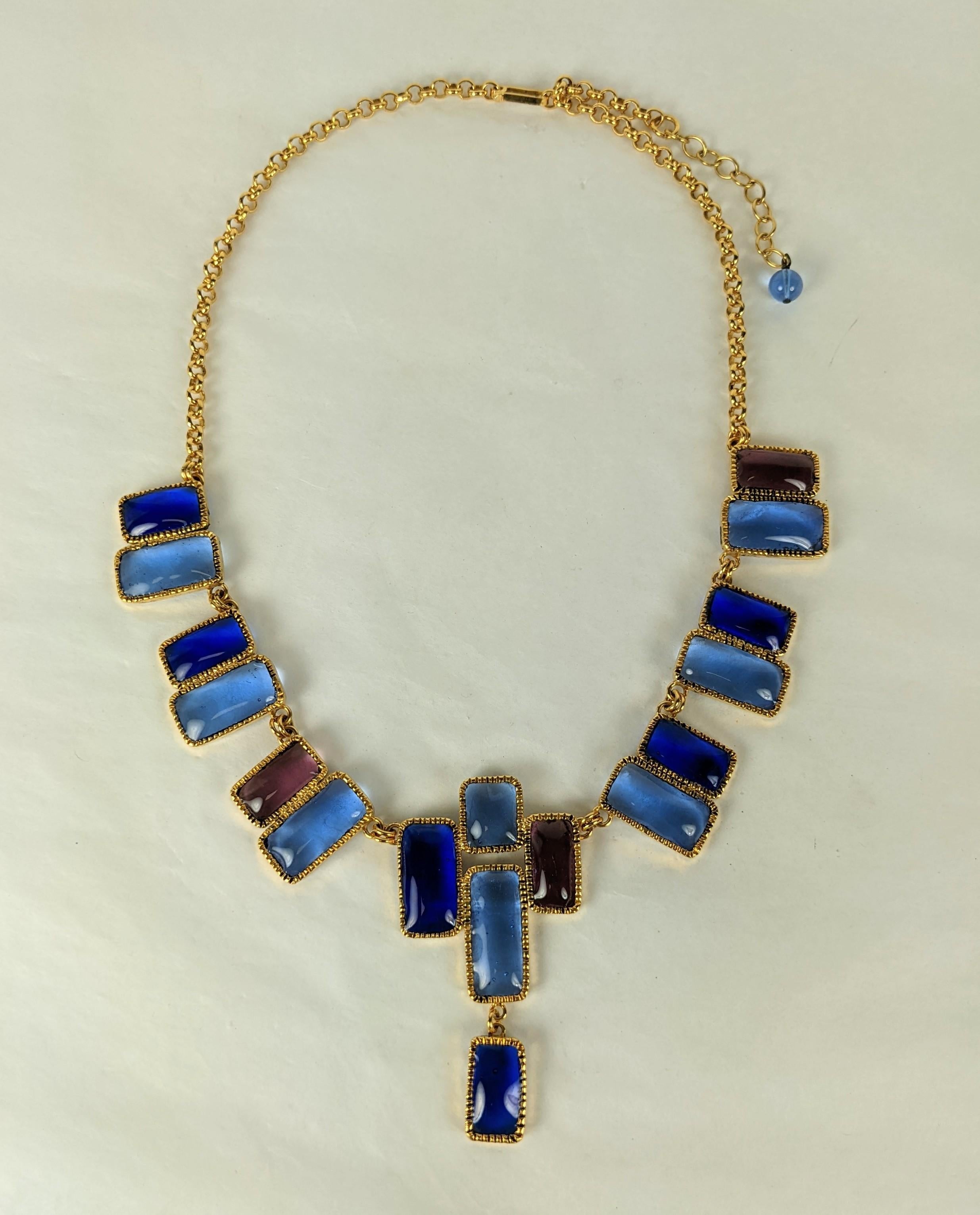 Maison Gripoix for Yves Saint Laurent Mondrian necklace. Of Gripoix Glass hand poured enamel in shades of sapphire and amythest set in gold plated hammered bronze. 
The vari sized asymmetrically placed rectangles linked on gilt chain. Unsigned HC, 