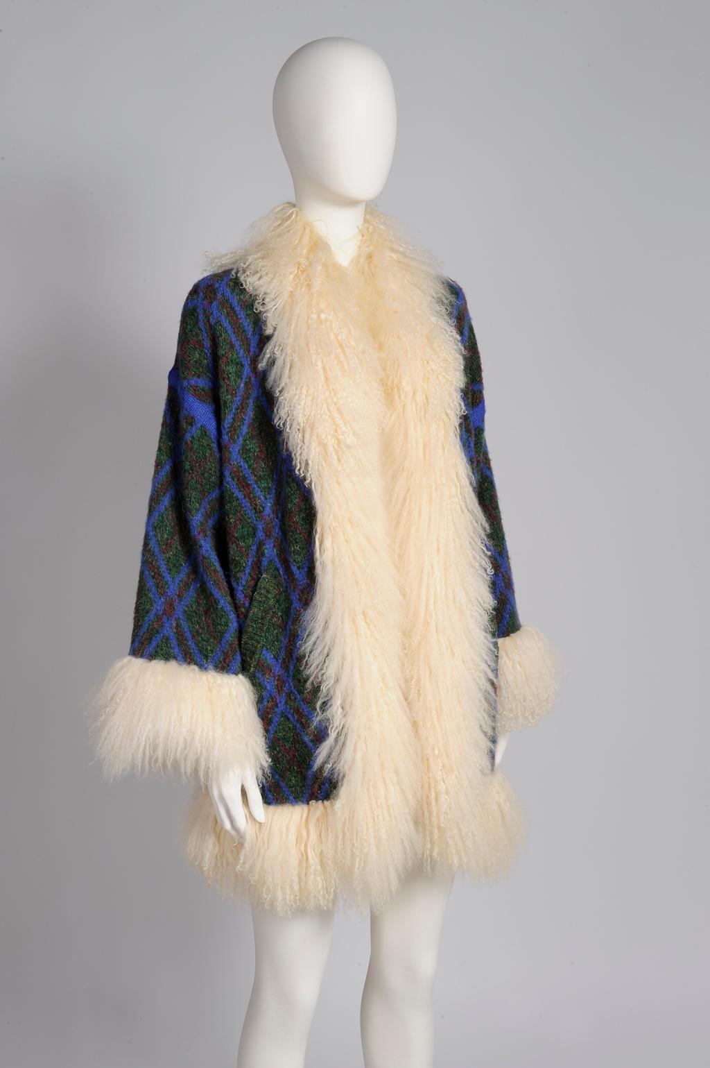 Beige Yves Saint Laurent Mongolian Sheep Fur-Trimmed Knit Cardigan Coat