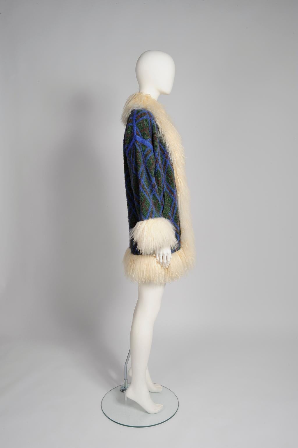 Yves Saint Laurent Mongolian Sheep Fur-Trimmed Knit Cardigan Coat In Good Condition In Geneva, CH