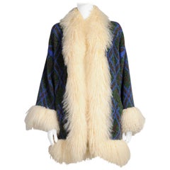 Retro Yves Saint Laurent Mongolian Sheep Fur-Trimmed Knit Cardigan Coat