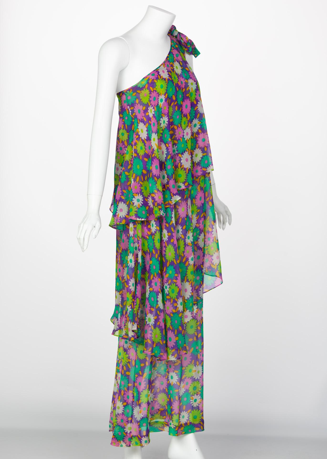 Gray Yves Saint Laurent Multi-Color Floral One Shoulder Layered Silk Dress YSL, 1970s