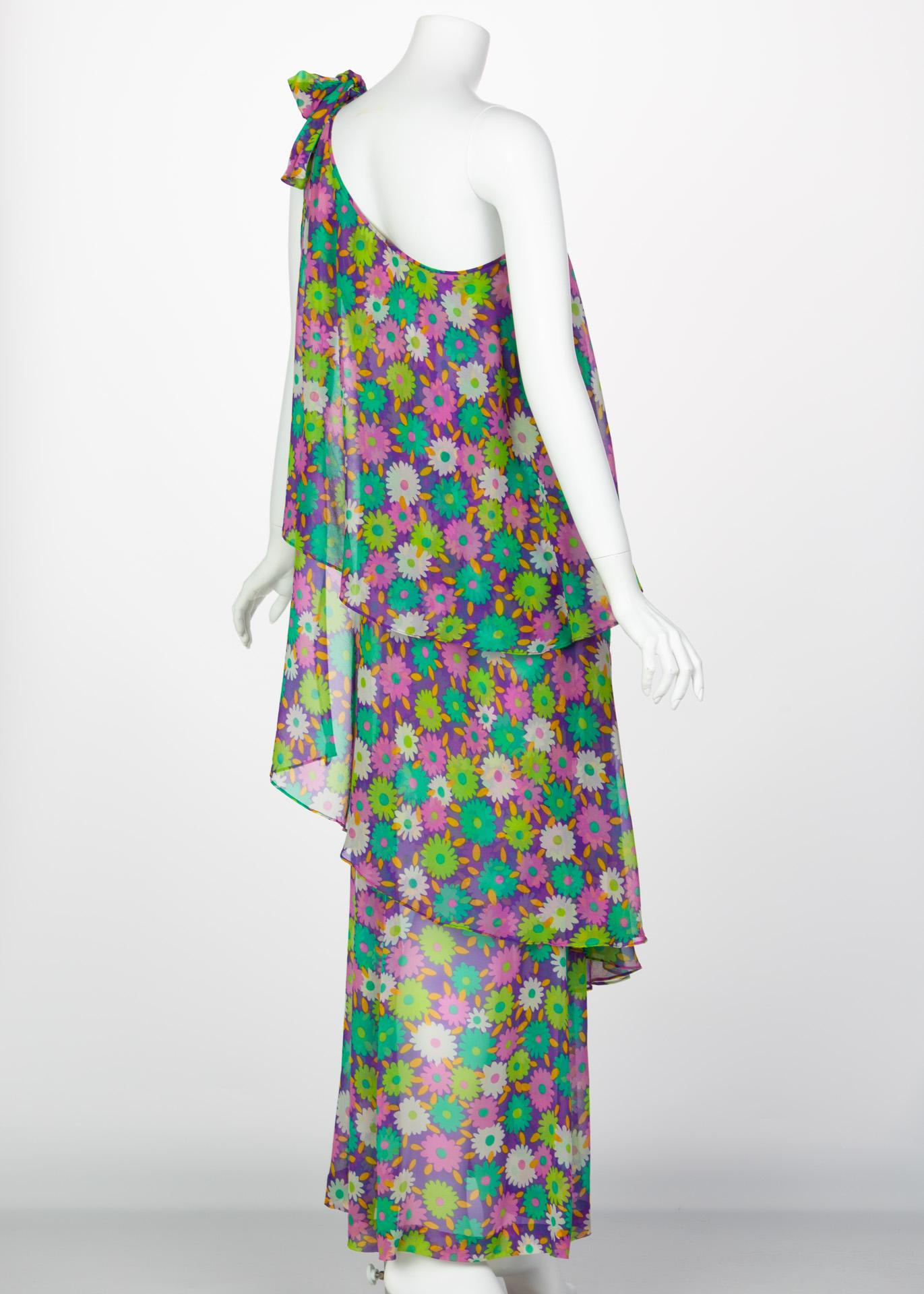 Yves Saint Laurent Multi-Color Floral One Shoulder Layered Silk Dress YSL, 1970s In Good Condition In Boca Raton, FL