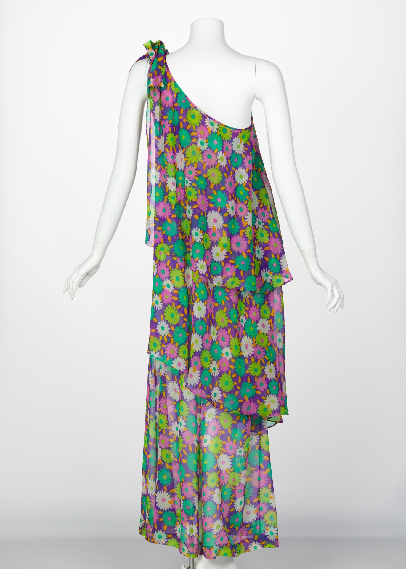 Women's Yves Saint Laurent Multi-Color Floral One Shoulder Layered Silk Dress YSL, 1970s