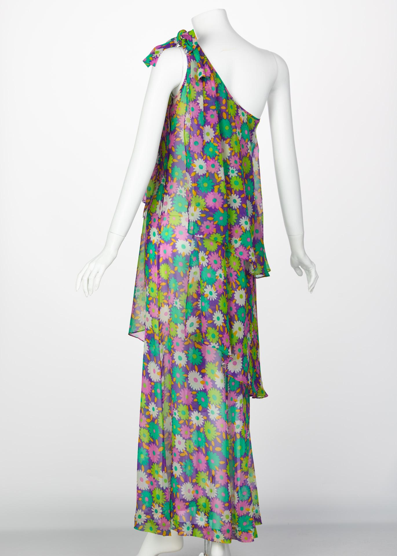 Yves Saint Laurent Multi-Color Floral One Shoulder Layered Silk Dress YSL, 1970s 1