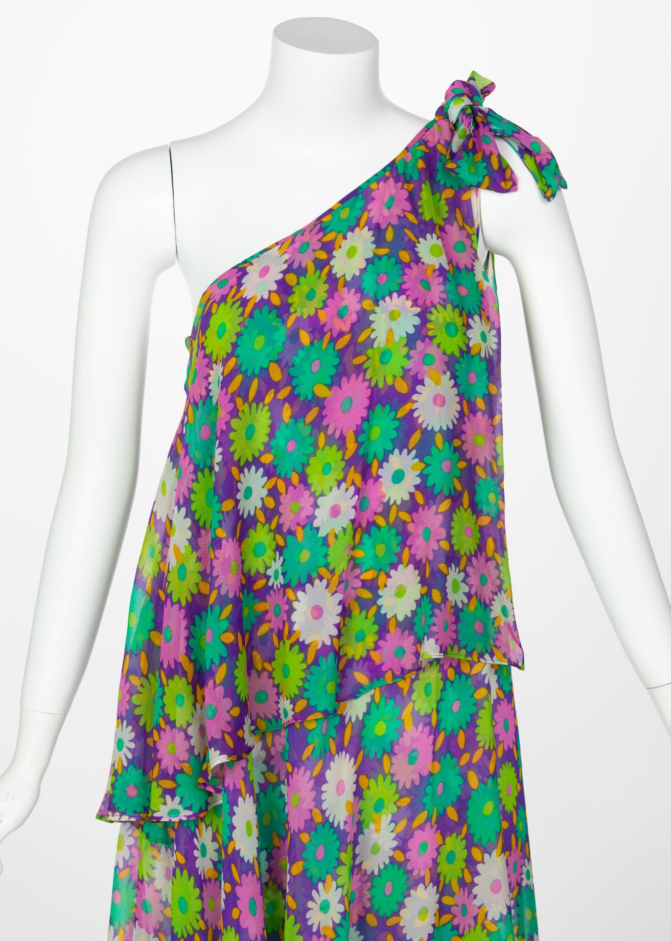 Yves Saint Laurent Multi-Color Floral One Shoulder Layered Silk Dress YSL, 1970s 2