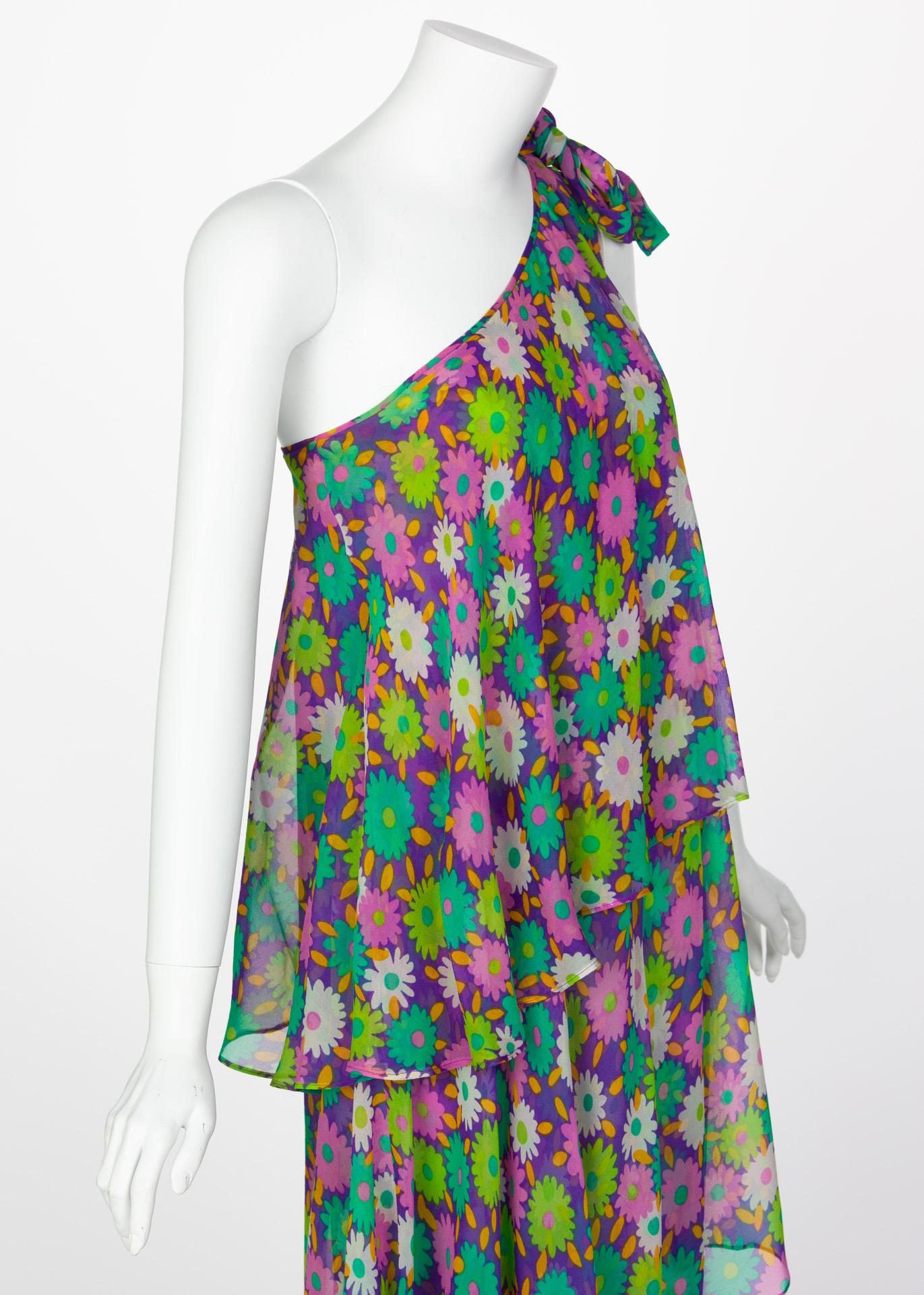Yves Saint Laurent Multi-Color Floral One Shoulder Layered Silk Dress YSL, 1970s 3