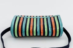 Yves Saint Laurent Multi-Color Raffia and Blue Canvas Bag